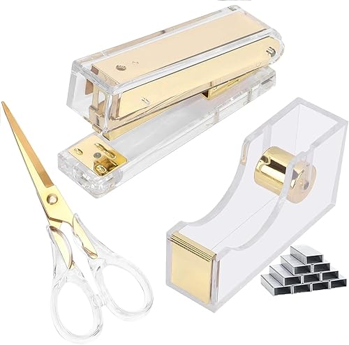 Kit de grapadora y dispensador de cinta, accesorios de organización de escritorio de acrílico, tijeras dispensador de cinta transparente, grapadora