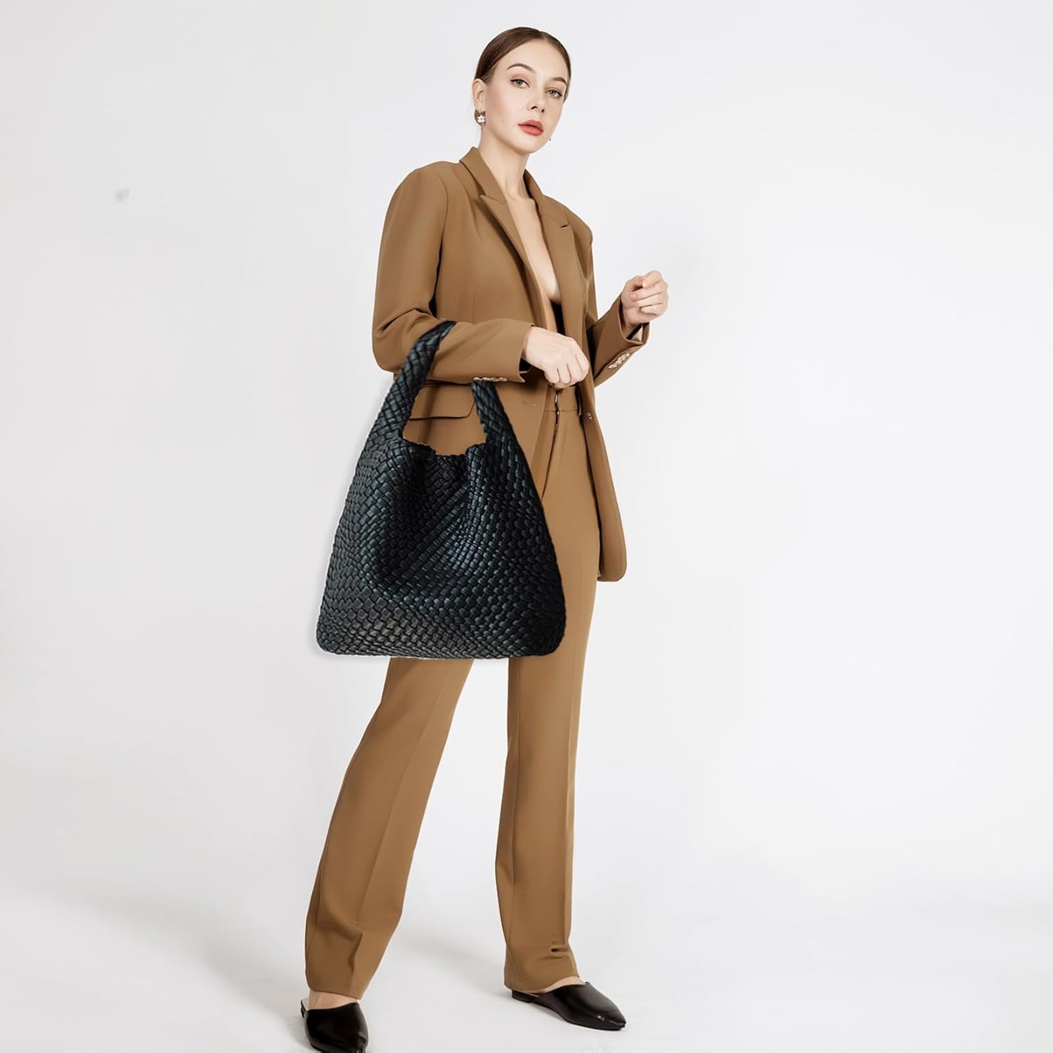 Women Vegan Leather Hand-Woven Tote Handbag Fashion Shoulder Top-handle Bag All-Match Underarm Bag with Purse - Image 3