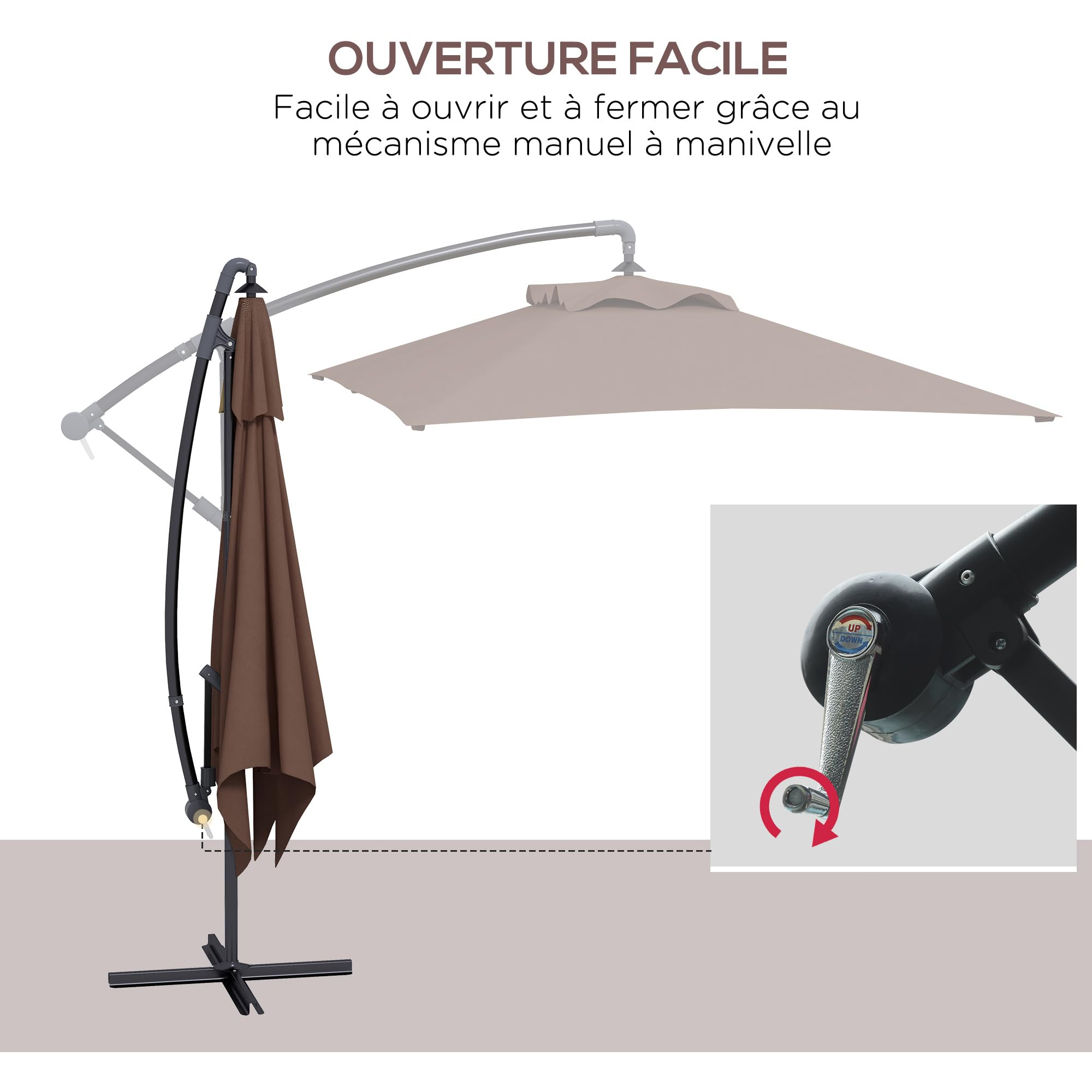 Outsunny Parasol Déporté 3 x 2 m Rectangulaire Extérieur Manivelle Marron