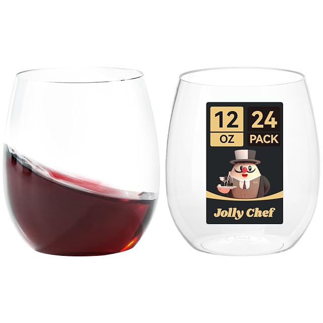 JOLLY CHEF 24 Pack 12 Oz Disposable Plastic Wine Glasses Shatterproof Unbreakable Crystal Stemless Plastic Wine Cups for
