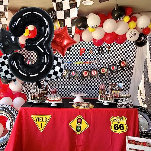 Image of TONIFUL 40 Inch Race Car 3rd Birthday Balloons - Racetrack Number 3, Wheel Tire, Black White Checkered, Star - Boys Car Themed Party Decor