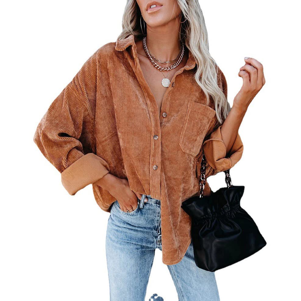 TANMESSOWomen's Oversized Corduroy Button-Down Boyfriend Shirts - Casual Long Sleeve Tops