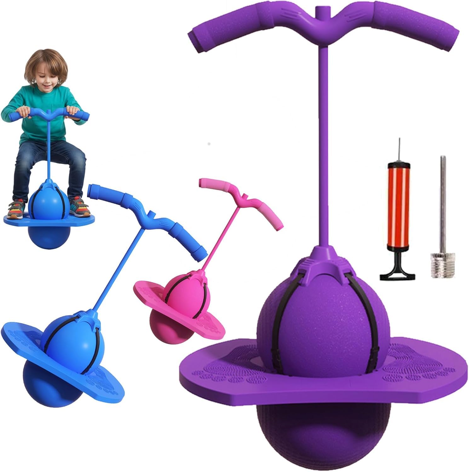 Balance Jumping Ball with Handle and Ball Pump, Ball Jumping Toy for Ages 5+ with Handle, Indoor Outdoor Fun Perfect for Balance Coordination and Fitness Boys Girls (Purple)