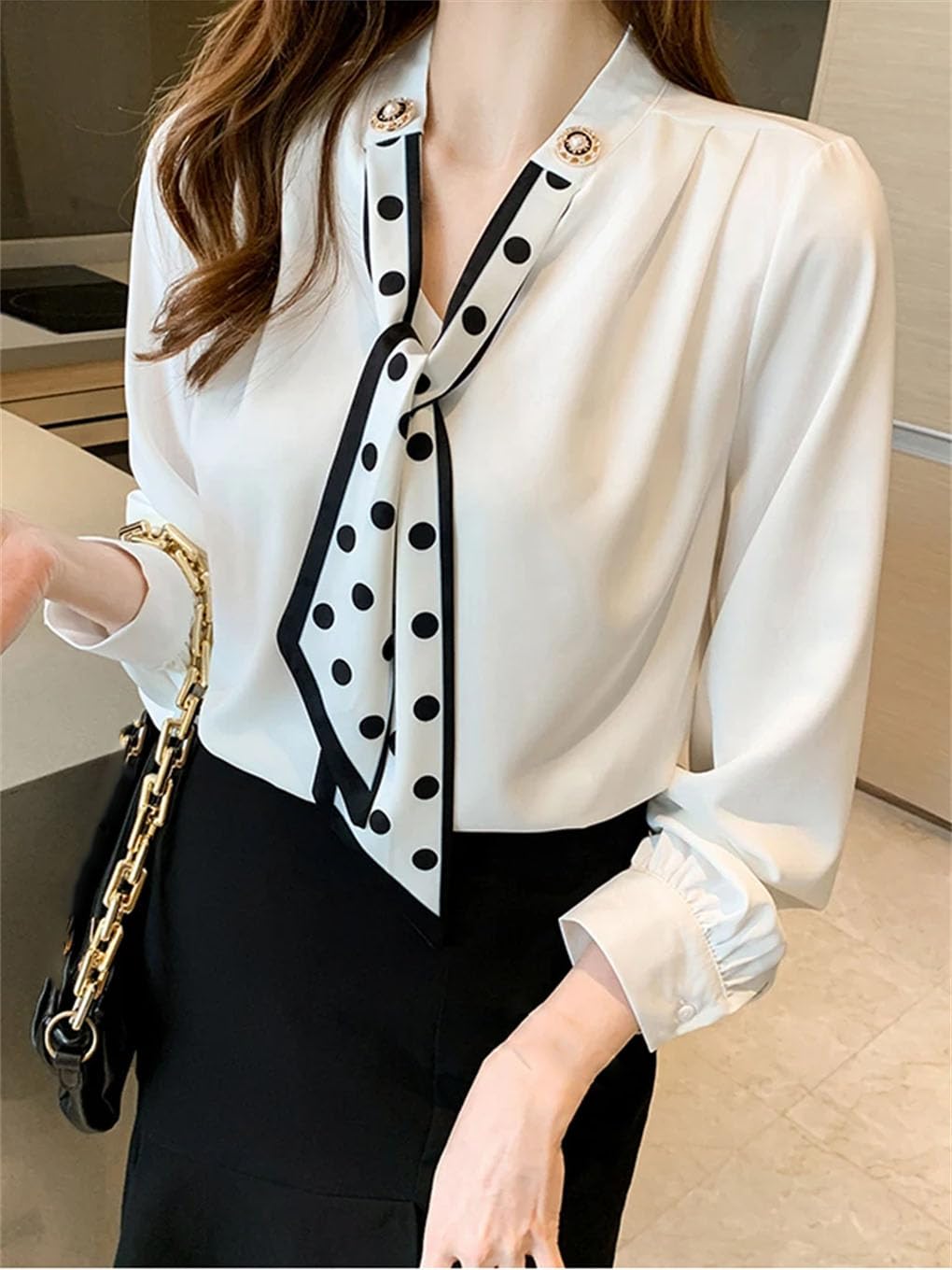 Camicetta da donna bianca con scollo a V, a maniche lunghe, in chiffon, per lavoro, ufficio, lavoro