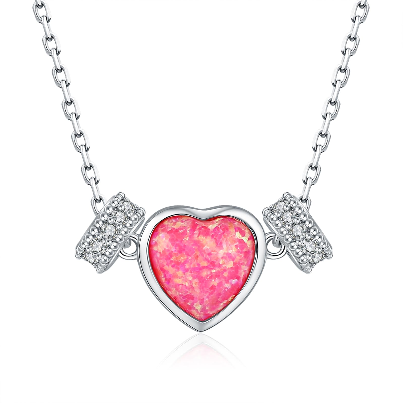 EJALEN925-Sterling-Silver Pink Opal Heart Necklace - Slide Hollow Collection 8mm Love Pendant Necklace Small Cute Simple Minimalist Dainty Pink Heart Preppy Jewelry Gifts for Women Teen Girls,
