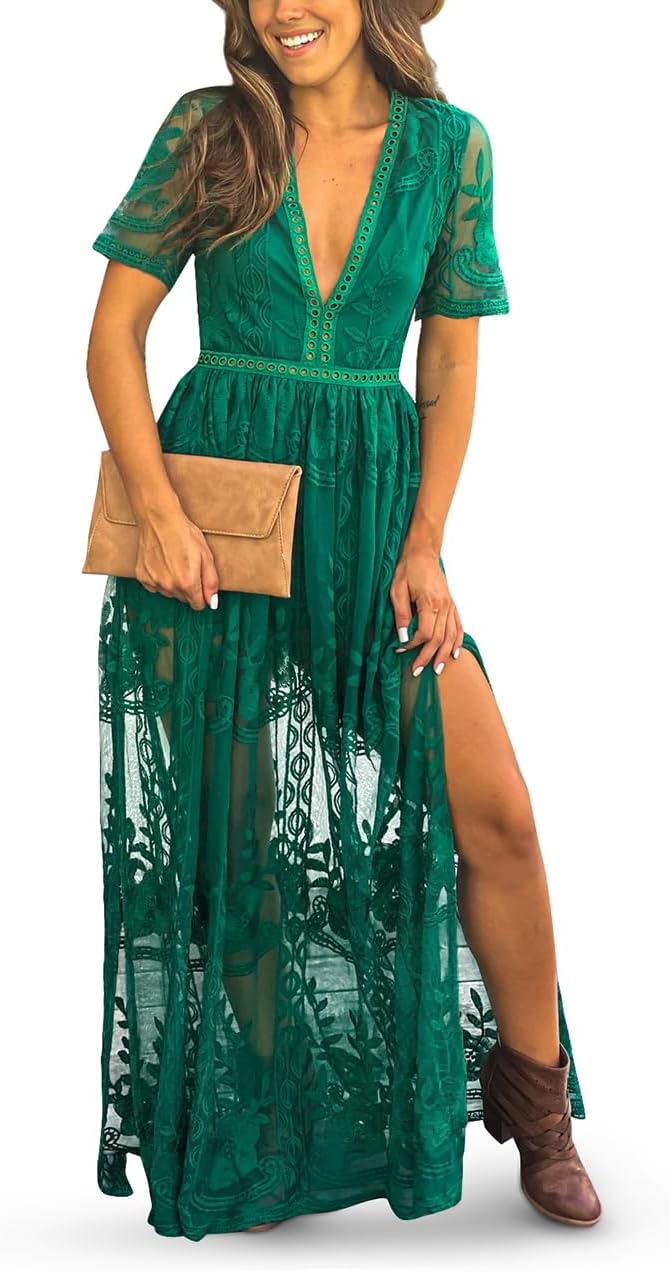 Eleter Women's Deep V-Neck Lace Romper Short Sleeve Long Dress