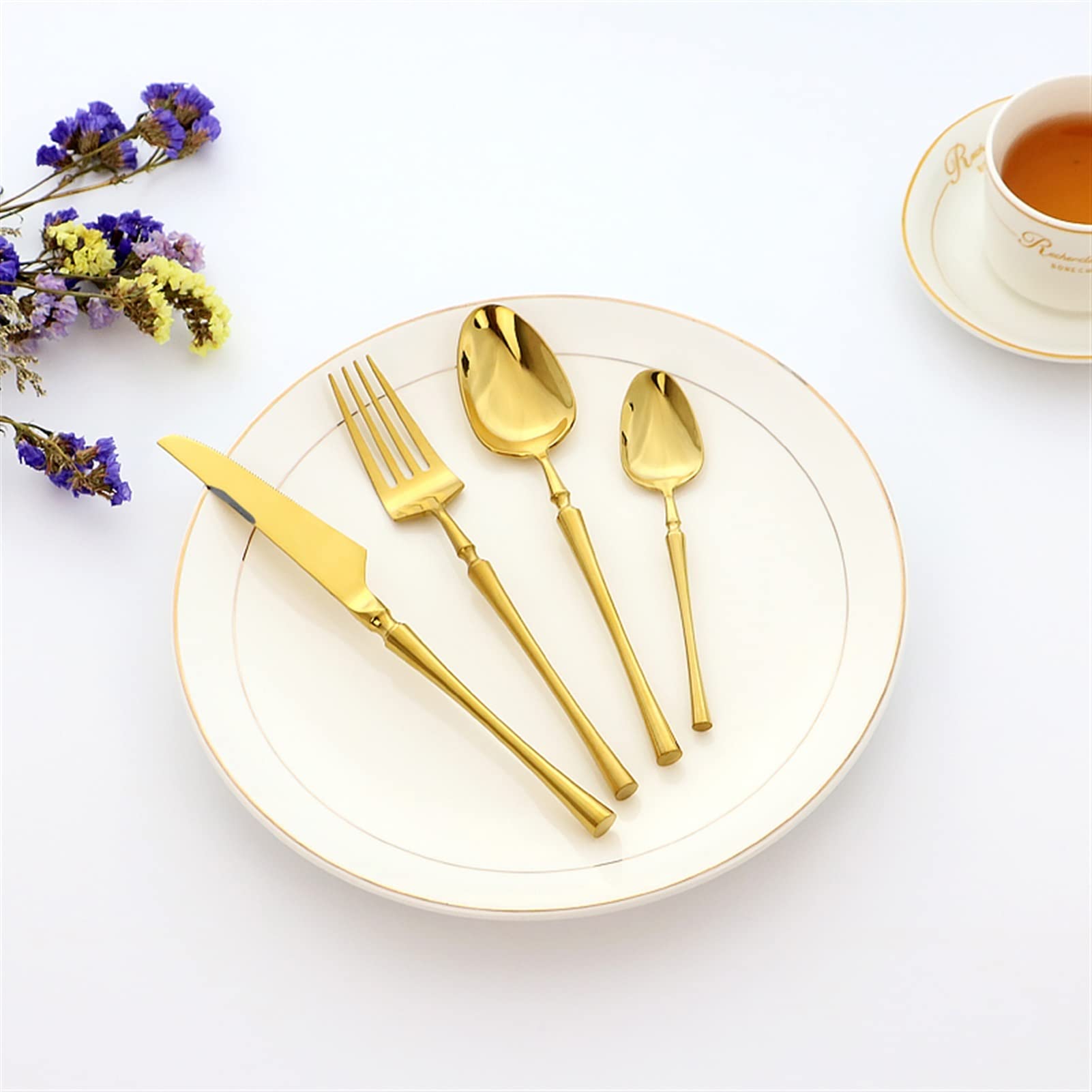Gabelmesser-Löffel-Set Gold Geschirr Set Glänzend Gespiegelt Besteckset, 18/10 Edelstahl, Geschirr Küchenmesser, Gabel, Teelöffel Besteck Set Rostfreier Stahl (Color : Purple)
