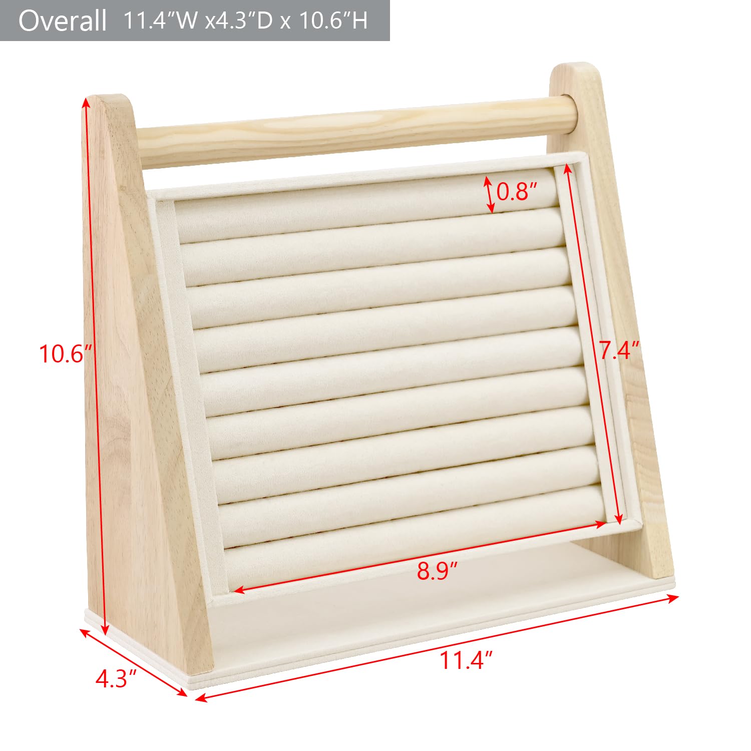 MOOCA Wooden 8-Slot Ring Rack Display Stand, Ring Holder Stand with Beige Suede, Jewelry Organizer for Store Showcase, Home Storage, Beige Color, 11.4W x 4.3D x 10.6H in