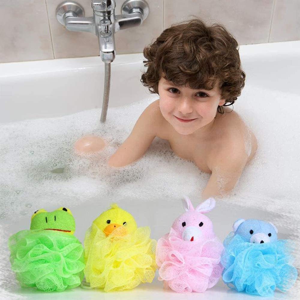 4 Pezzi Animale Bagno Doccia Spugna,Palla da Bagno con Peluche e Rete,Spugne da Bagno per Bambini in Mesh con Animali Domestici, Adatte per Accessori da Bagno per Bambini