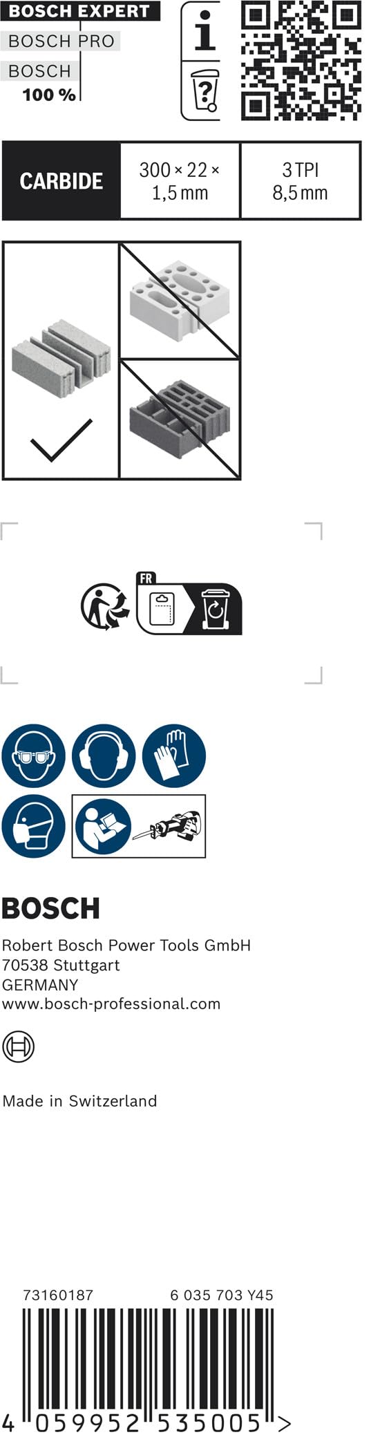 Bosch Professional 1x Lame de scie sabre Expert `Aerated Concrete` S 1241 HM (pour Béton cellulaire, Longueur 300 mm, Accessoires Scie sabre)