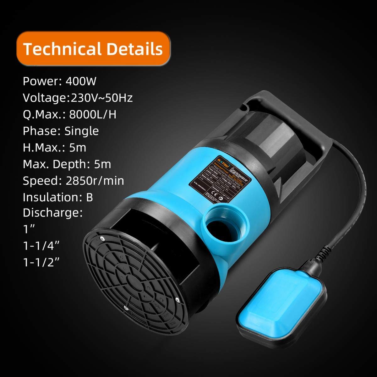 KATSU Pompa sommergibile portatile da 400 W per acqua pulita e sporca per laghetti da giardino, piscine e fossati + interruttore galleggiante