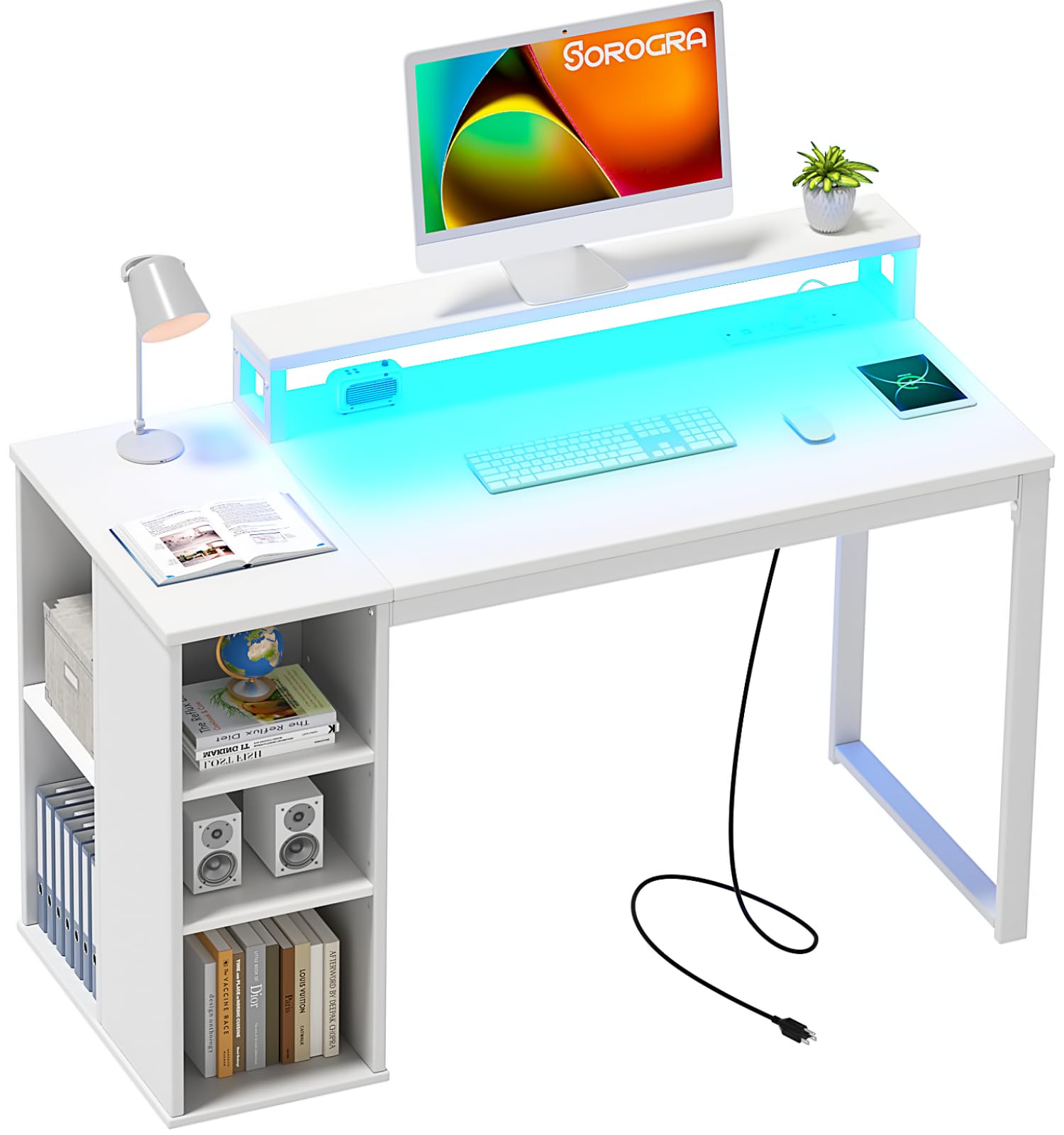 White Computer Desk with LED Lights and Power Outlets 39.4 inch Home Office Desk with Storage Shelves, Small Writing Desk with Monitor Stand for Bedroom, Workstation