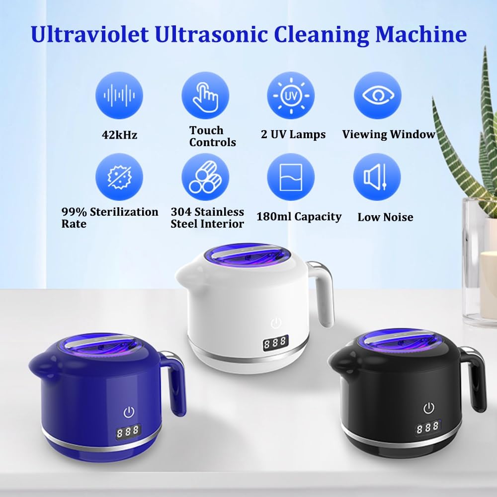 Maszyna do czyszczenia ultradźwiękowego, pojemność 180 ml, szybkie czyszczenie 3/5 minut, cicha praca 45 dB, cyfrowy timer do aparatów ortodontycznych, osłon nocnych, szczoteczek do zębów, biżuterii