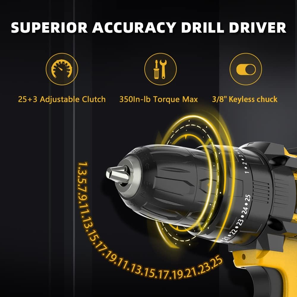 Cordless Drill Driver Kit with 2 Batteries, WAKYME 21V Impact Drill 350 In-lb Torque 25+3 Clutch, 3/8" Keyless Chuck, Variable Speed & Built-in LED Power Drill for Wall, Brick, Wood, Metal (Yellow)
