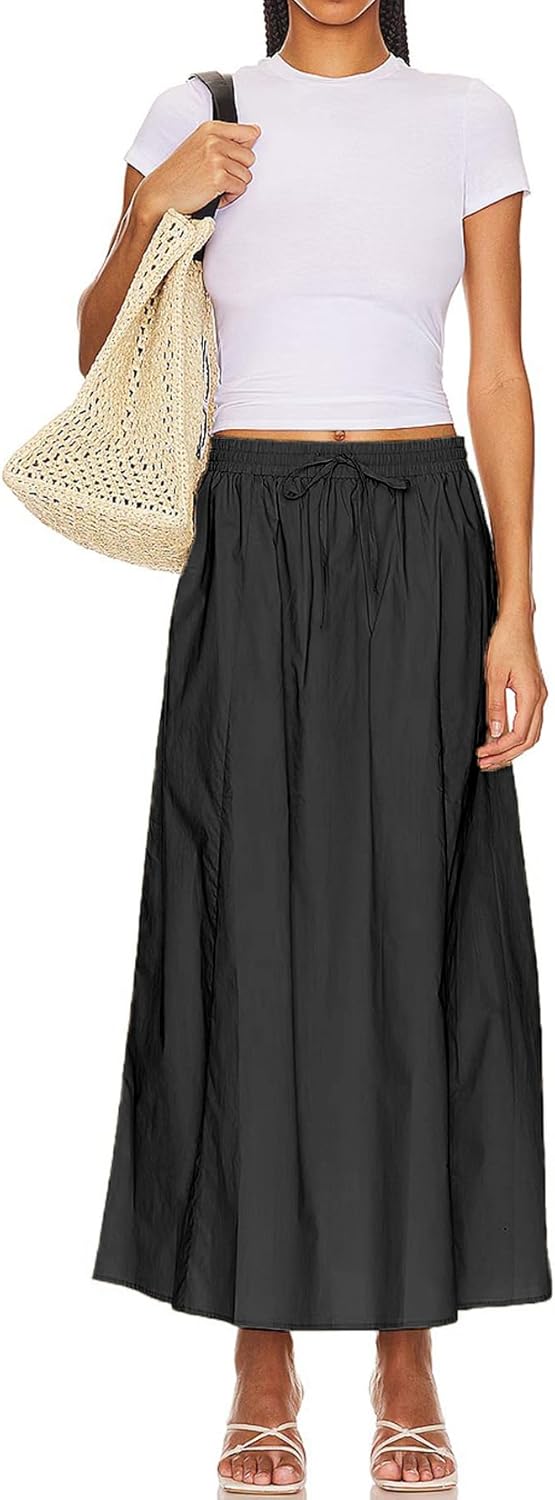 Womens Maxi Slit Skirt Elastic Waist Drawstring Long Skirts for Women with Pockets - Image 2