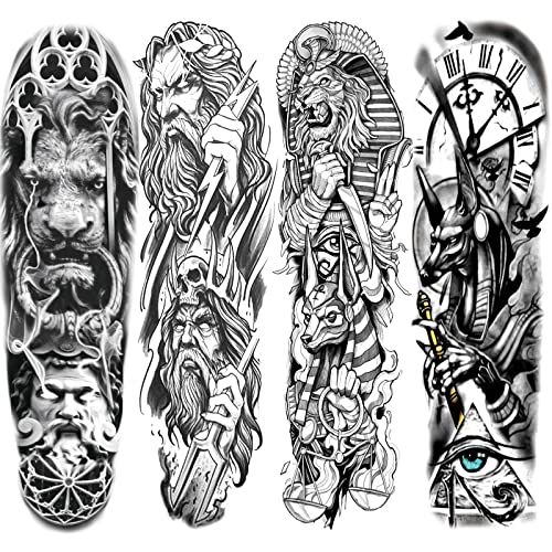 Briyhose 3D Gladiator Temporary Tattoos Sleeve For Men Full Arm, Large Warrior Knight Lion Fake Tattoos Sleeve Adult Women, Realistic Black Myth Temp Tatoo Sticker Arm Leg Body Art Makeup, 4-Sheet