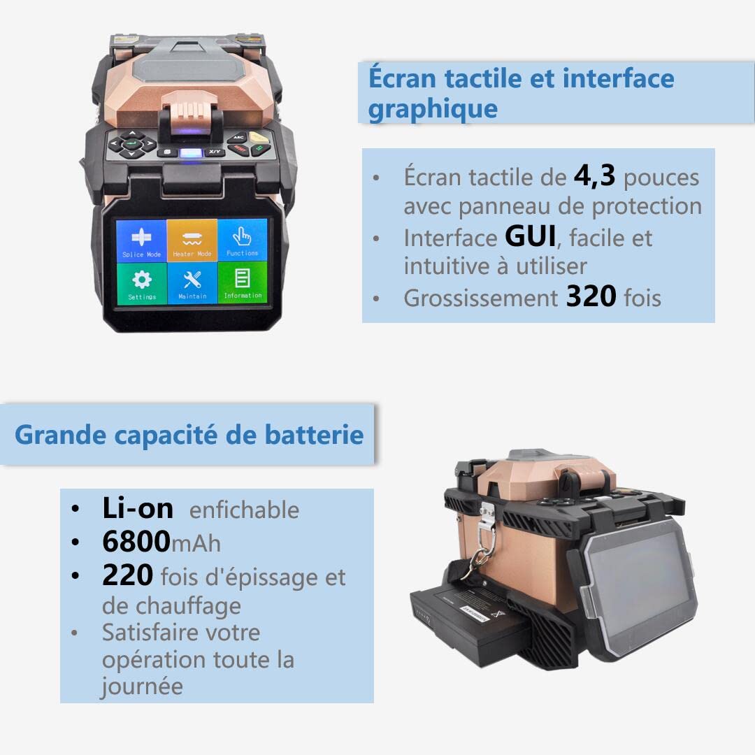 Soudeuse Fibre Optique Fusion Splicer, Kit d'Épissage par Fusion de Fibre avec Écran Tactile de 4,3 Pouces, Épissage 7s et Chauffage 18s pour FTTH (6481B)