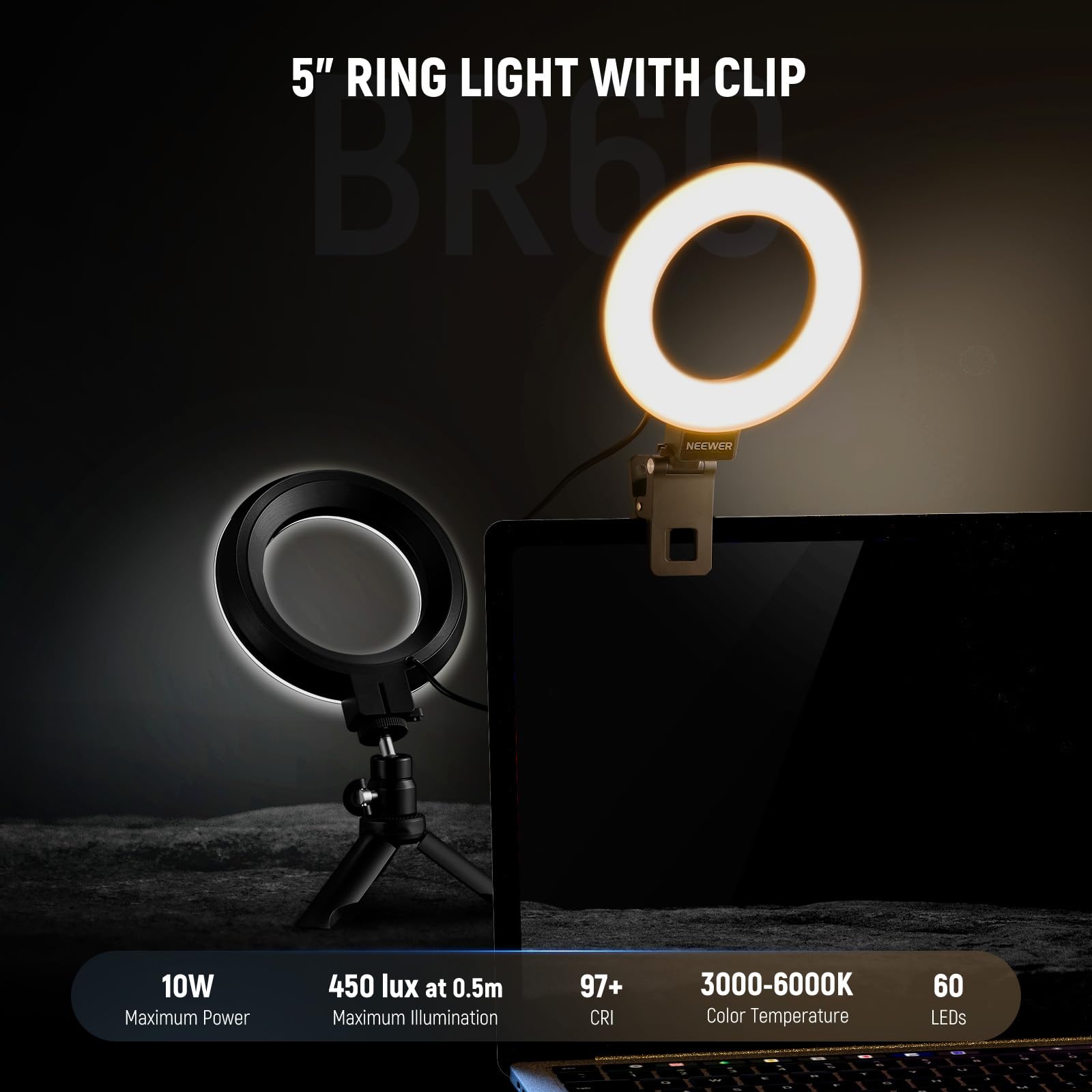 NEEWER BASICS Ring Light 5" per Video Conferenza, Kit Luce a Clip con Treppiede Tavolo (2pz) per Monitor Laptop Computer Chiamate Zoom Streaming Live Lavoro a Distanza Studio Registrazione Video, BR60