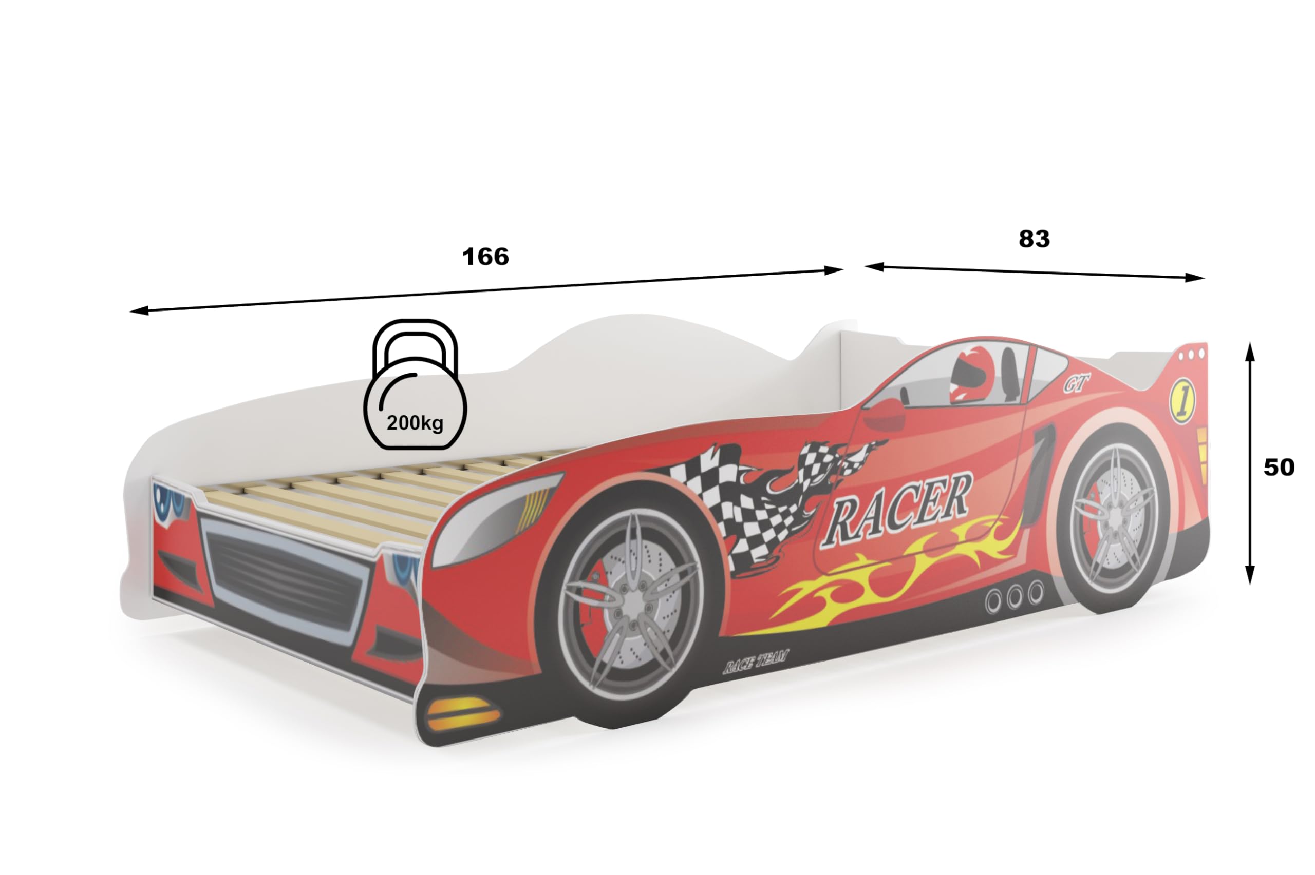 Lit Enfant Simple Forme de Voiture avec Sommier à Lattes 160x80 Rouge