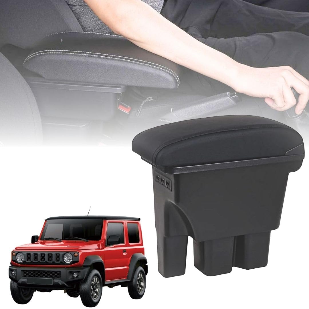 Paded Armrest Storage Box With Double Layer Organizer For Suzuki Jimny 2024 2023 2022 2021 2020 2019 | For JB64 JB74 Suzuki Jimny Accessories | 3 USB Ports With Interior Console Light