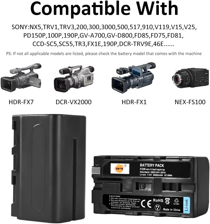DSTE (2-Pack) NP-F750 Battery and Travel Charger Kit Compatible with Sony CCD-TRV215 CCD-TR917 TR315 HDR-FX1000 HDR-FX7 HVR-V1U HVR-Z7U HVR-Z5U Camera NP-F730 NP-F770 NP-F790 F970 F550 F570 F950