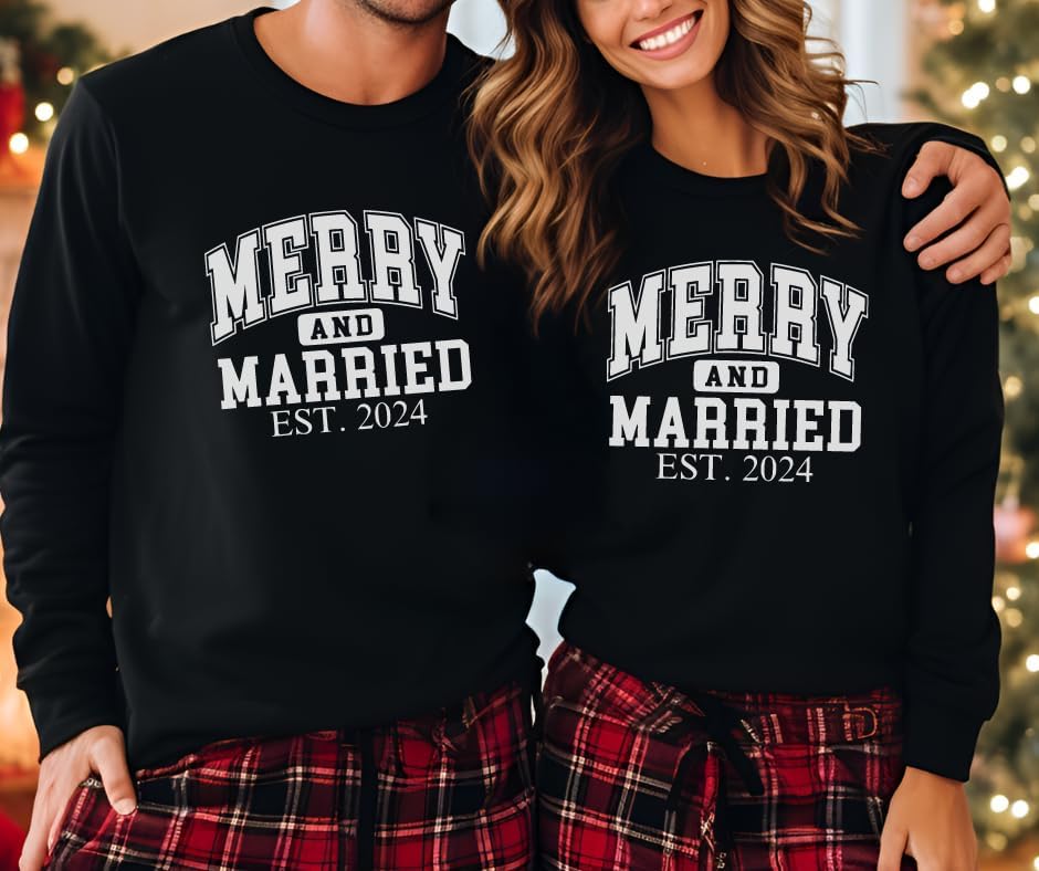 Merry And Married Christmas Sweatshirt, Just Married His And Hers Matching Christmas Sweater, 1st Christmas Mr and Mrs Bride and Groom Christmas Wedding Gift For Newlywed Husband and Wife, Honeymoon.