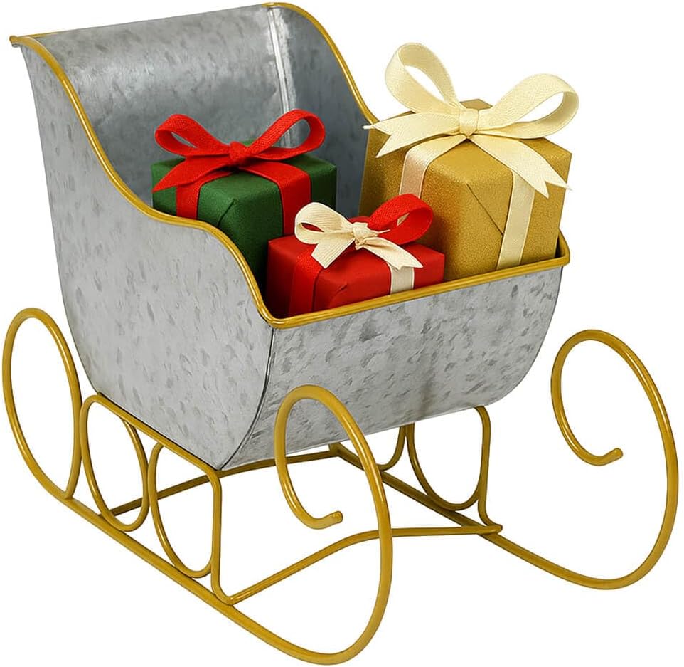 vensovo Christmas Galvanized Metal Sleigh Planter Decor - Rustic Farmhouse Xmas Tin Sleigh Centerpieces Ornaments for Gift Home Table Decoration