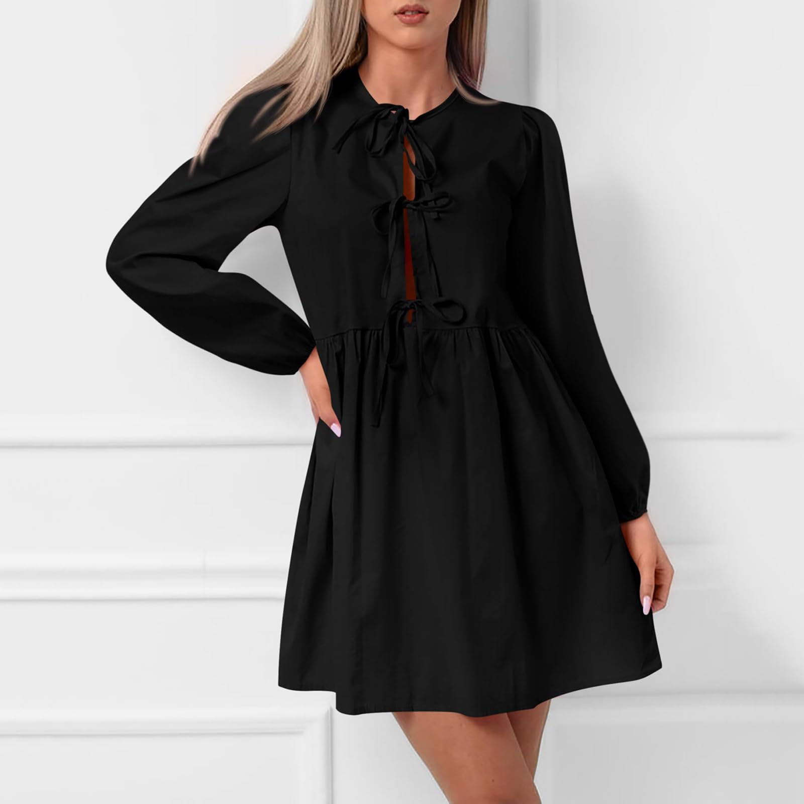 Robe Mini péplum à Manches Longues Bouffantes et nœud Papillon sur Le Devant pour Femme, Robes d'automne,Robe Courte à Volants en Ligne A, Robe Tunique Fluide Mignonne (Black,L)
