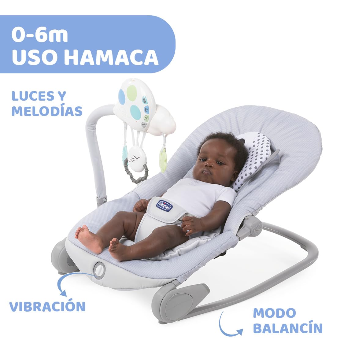 Chicco Balloon Sdraietta Neonati e Bambini Evolutiva 0 M-18 kg, Funzioni Dondolo e Poltroncina, Schienale Reclinabile, Chiusura Compatta, Vibrazione, Gioco Elettronico Interattivo, Luci e Suoni