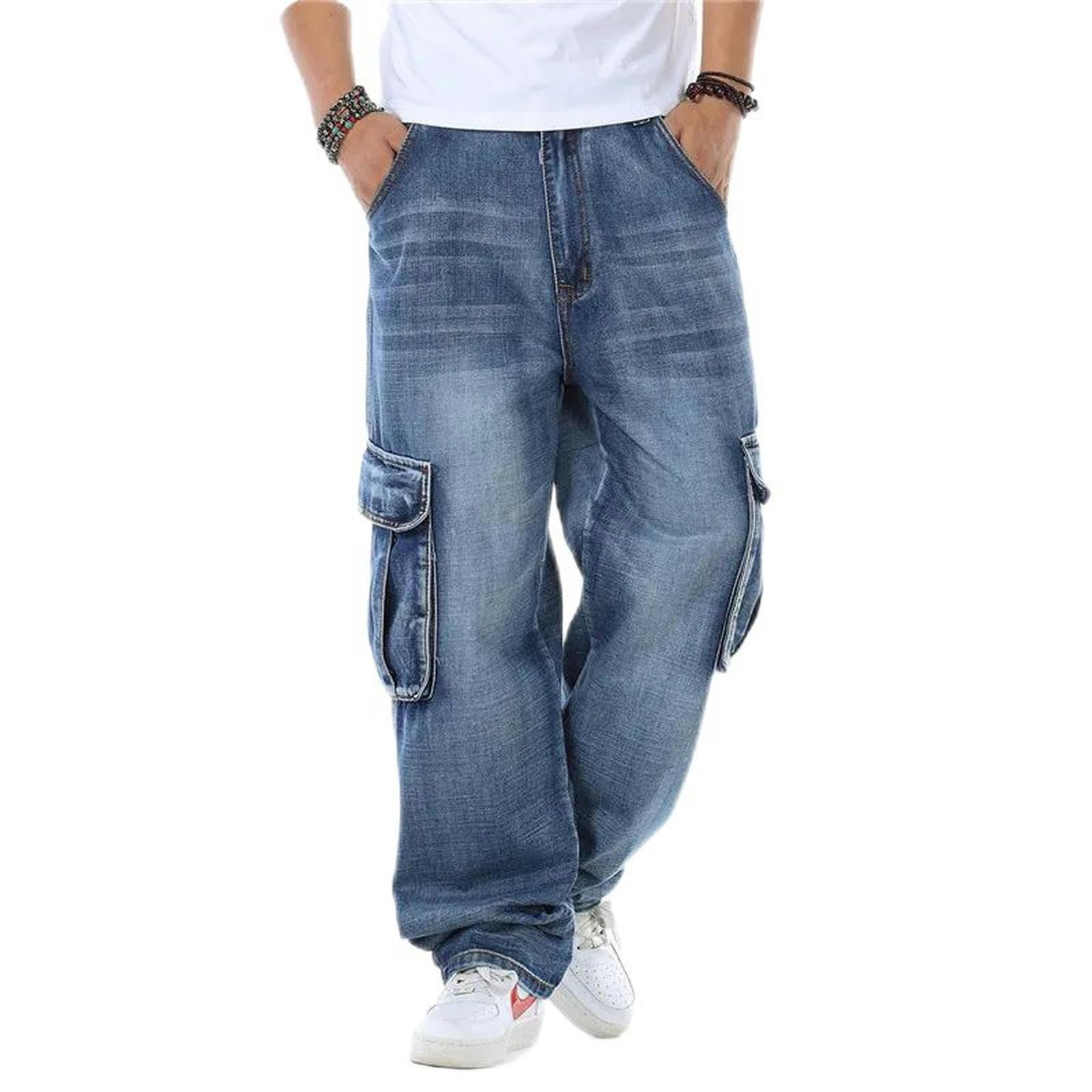 Jeans para Hombres Pantalones Cargo De Mezclilla Rectos para Hombres Jeans De Motorista Vaqueros Holgados De Color Azul Suelto para Hombres con Bolsillo Lateral-Azul-34