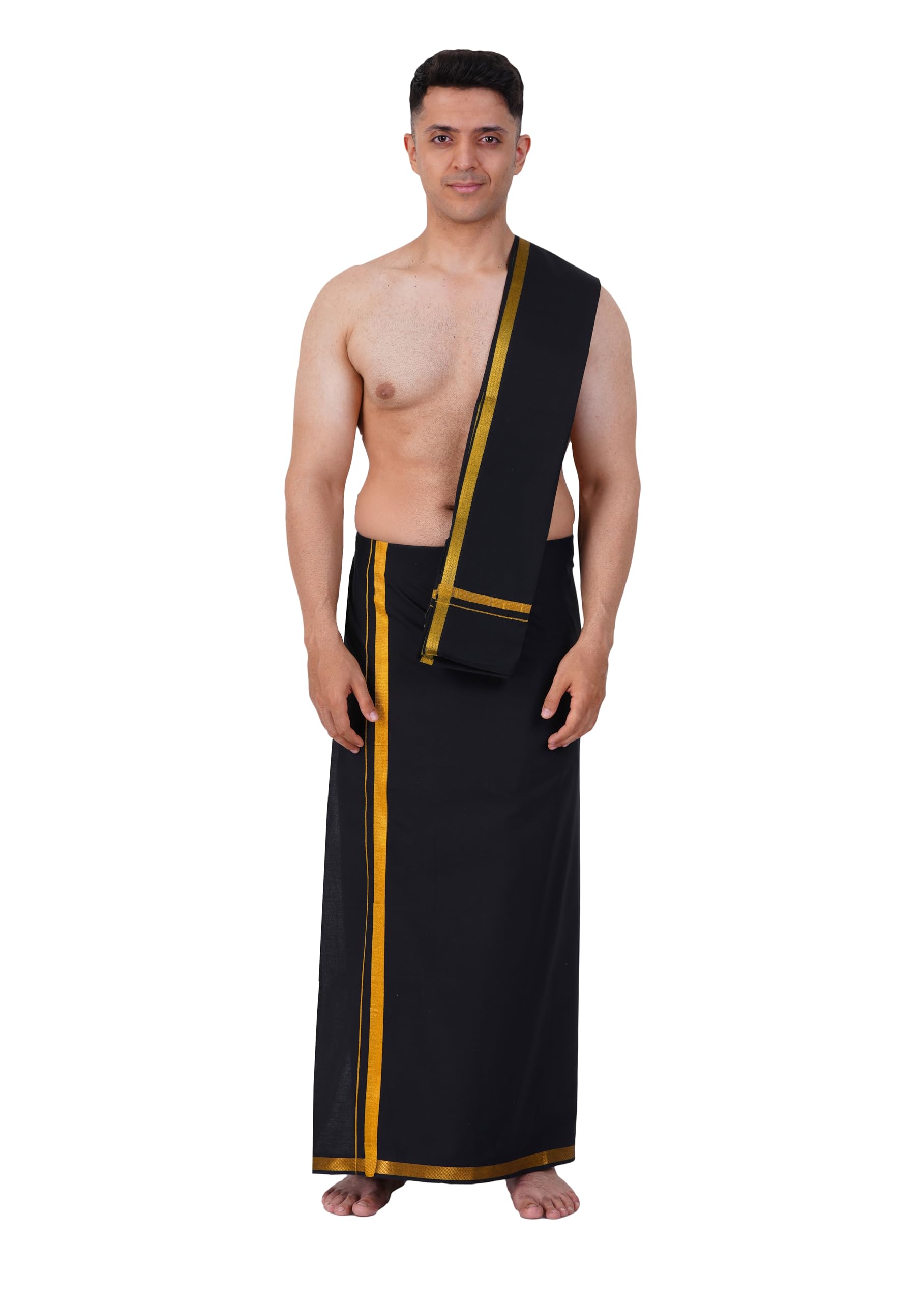 prakasam cotton Mens Black Jari Border Single (1.28X2.00mtrs) Dhoti with Matching Jari Border Black towel-picture-25
