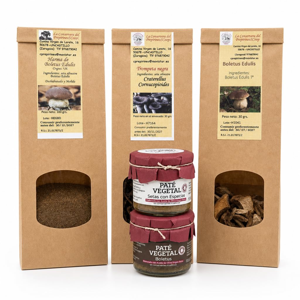 Gourmet-Paket „Todo Setas“: Mehl aus Steinpilzen (100 g), getrocknete schwarze Trompetenpilze (30 g), in Scheiben geschnittene Steinpilze und ein Duo aus Gemüsepasteten (Steinpilze und Pilze mit Gewür