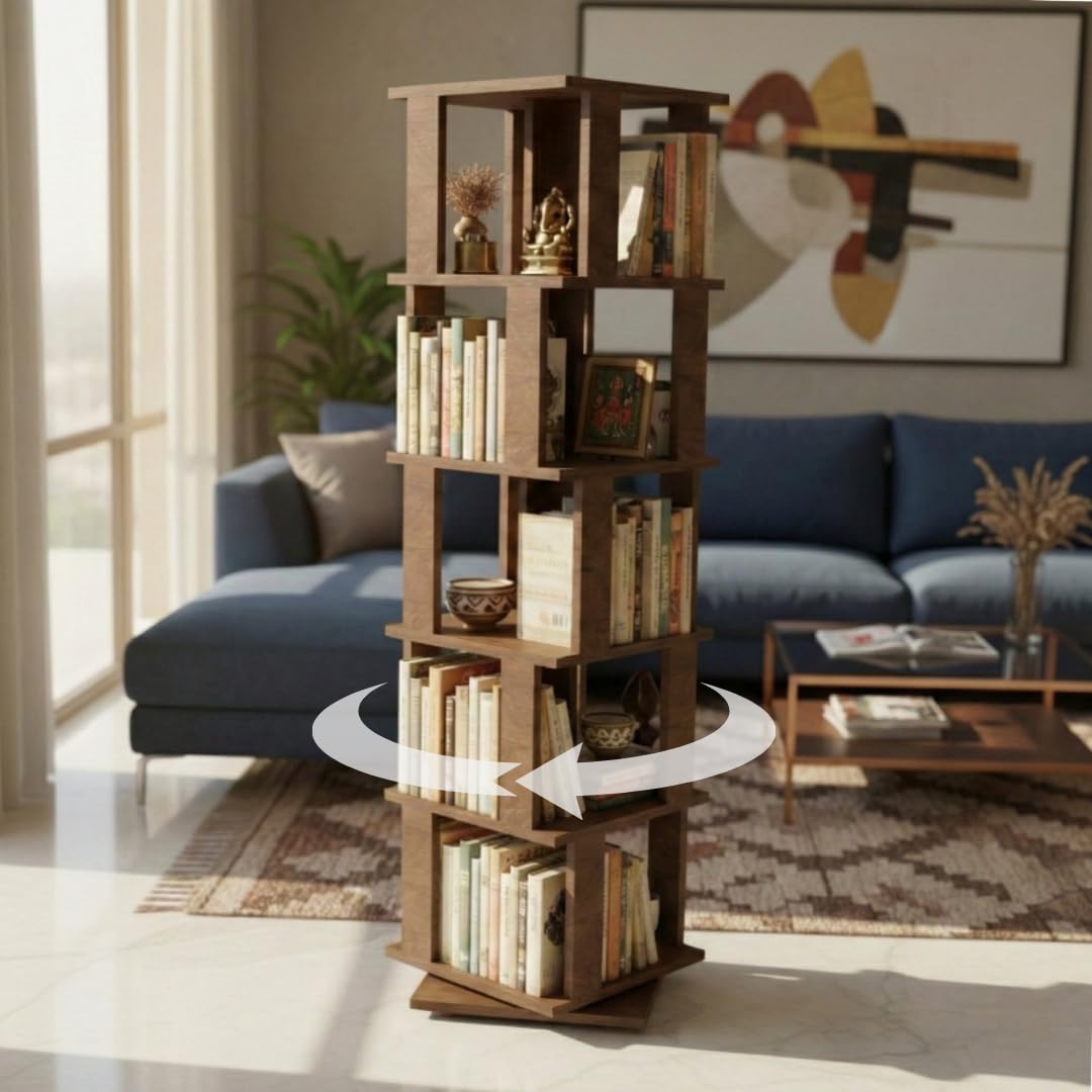 COGO Omnishelf 5 Tier Revolving Bookshelf | 360° Smooth Revolve Mechanism | 59 x 15 x 15 inch | 260 Litre | 100 kg UDL Loading Capacity | Engineered Wood | Bookcase | Do-It-Yourself | Colour: Walnut-image-10