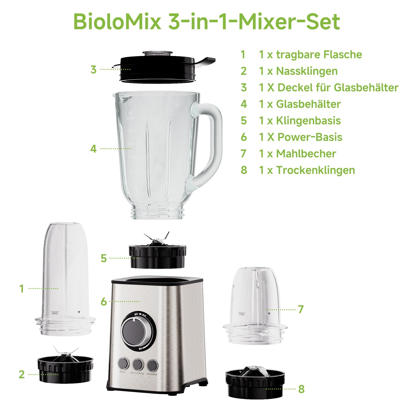 Biolomix Smoothie Maker, 1300 W, 1,5 l, mikser stojący | Z ostrzem ze stali nierdzewnej, nadaje się do koktajli, koktajli mlecznych, sosów (TB003)