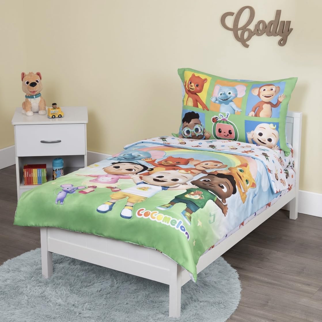 CoComelon 4-Piece Toddler Bedding Set, Cute as a Rainbow, Toddler Bed, Green