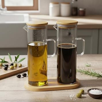 Deconox 2'li Şeffaf Cam Yağdanlık ve Sirkelik Seti - Bambu Kapaklı ve Özel Standlı Masaüstü Yağlık (190 ml)