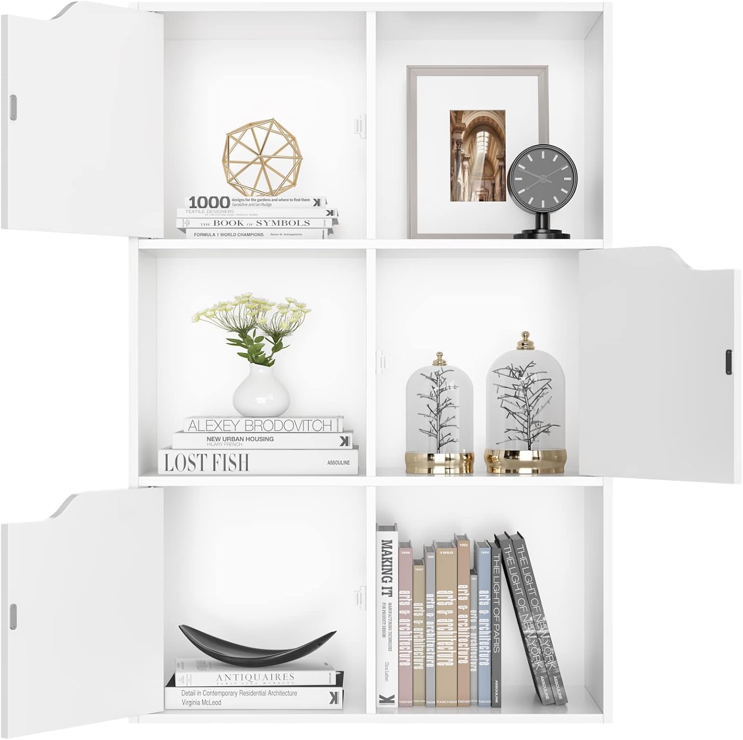 FirFurd Libreria Bianca con 6 Cubi e 3 Porte, Libreria Armadietto 3 Ripiani | Libreria a Cubi｜Scaffale Portaoggetti per Libri｜Mobiletto Multiuso Salvaspazio｜per Casa,Soggiorno,Ufficio｜60x90x29cm｜Bianco