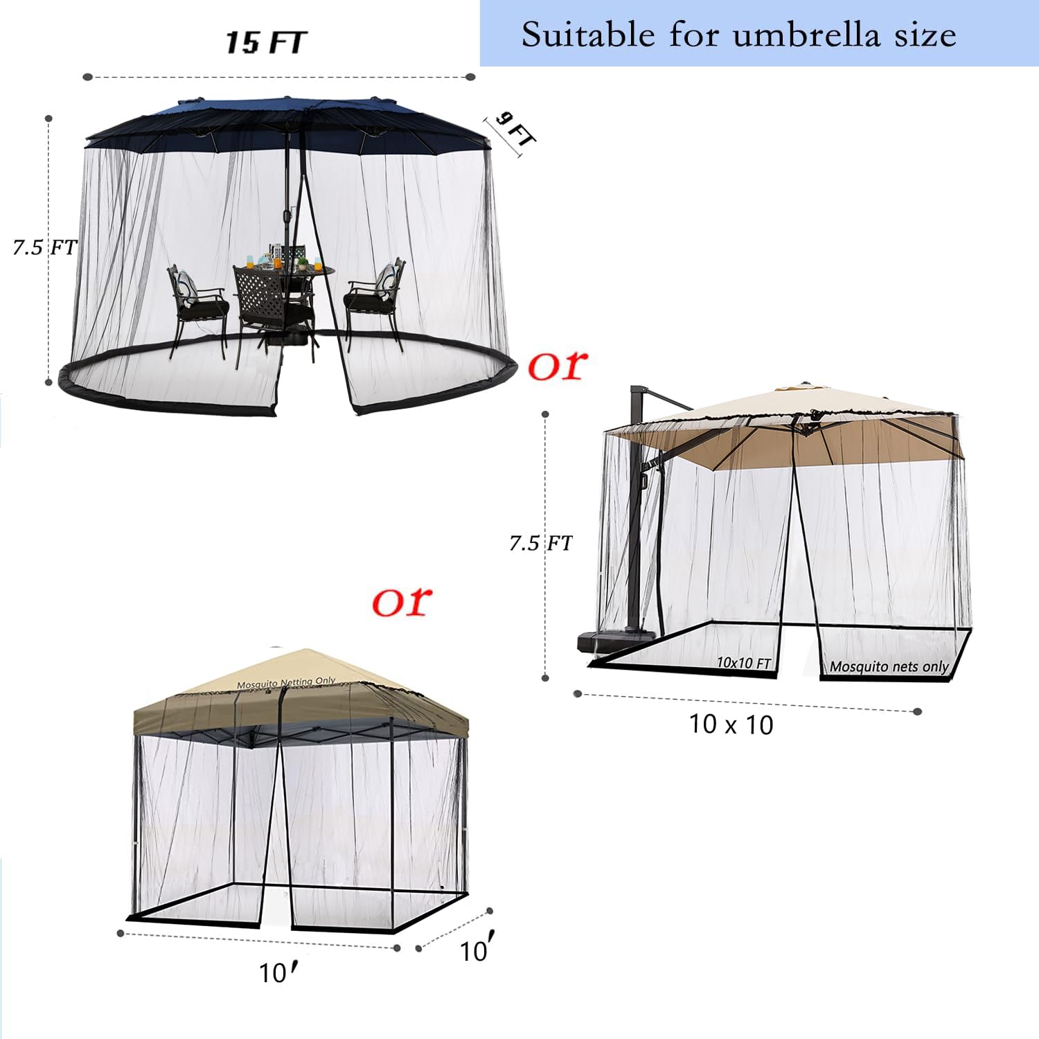 Zanzariera per ombrellone da giardino, a doppia faccia, per ombrellone e gazebo da 3,5 x 3,5 m (nero) (non contiene gazebo ombrellone da terrazza) (4 m, nero)
