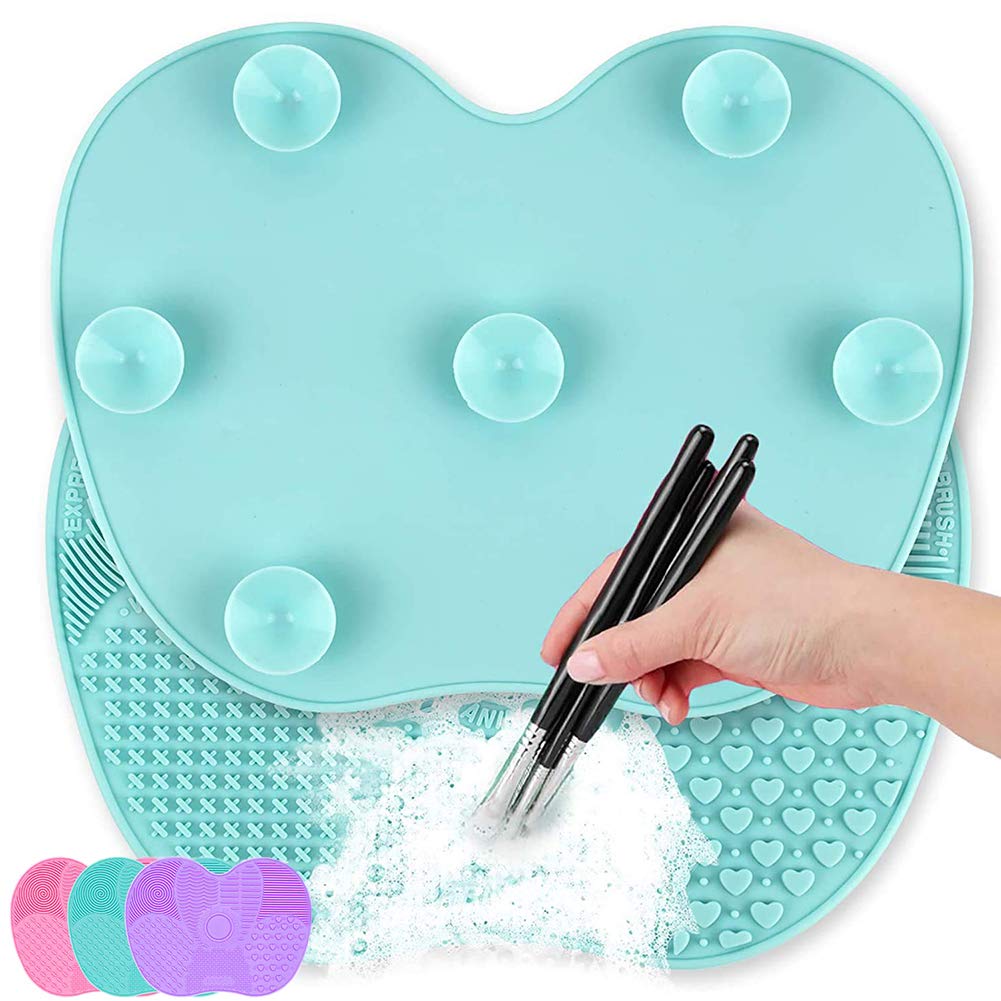 Large Makeup Brush Cleaner Mat, Silicon Makeup Brush Cleaning Pad Cosmetic Portable Washing Tool Scrubber with Suction Cup,Easy Clean(Large,Green 1Pcs)