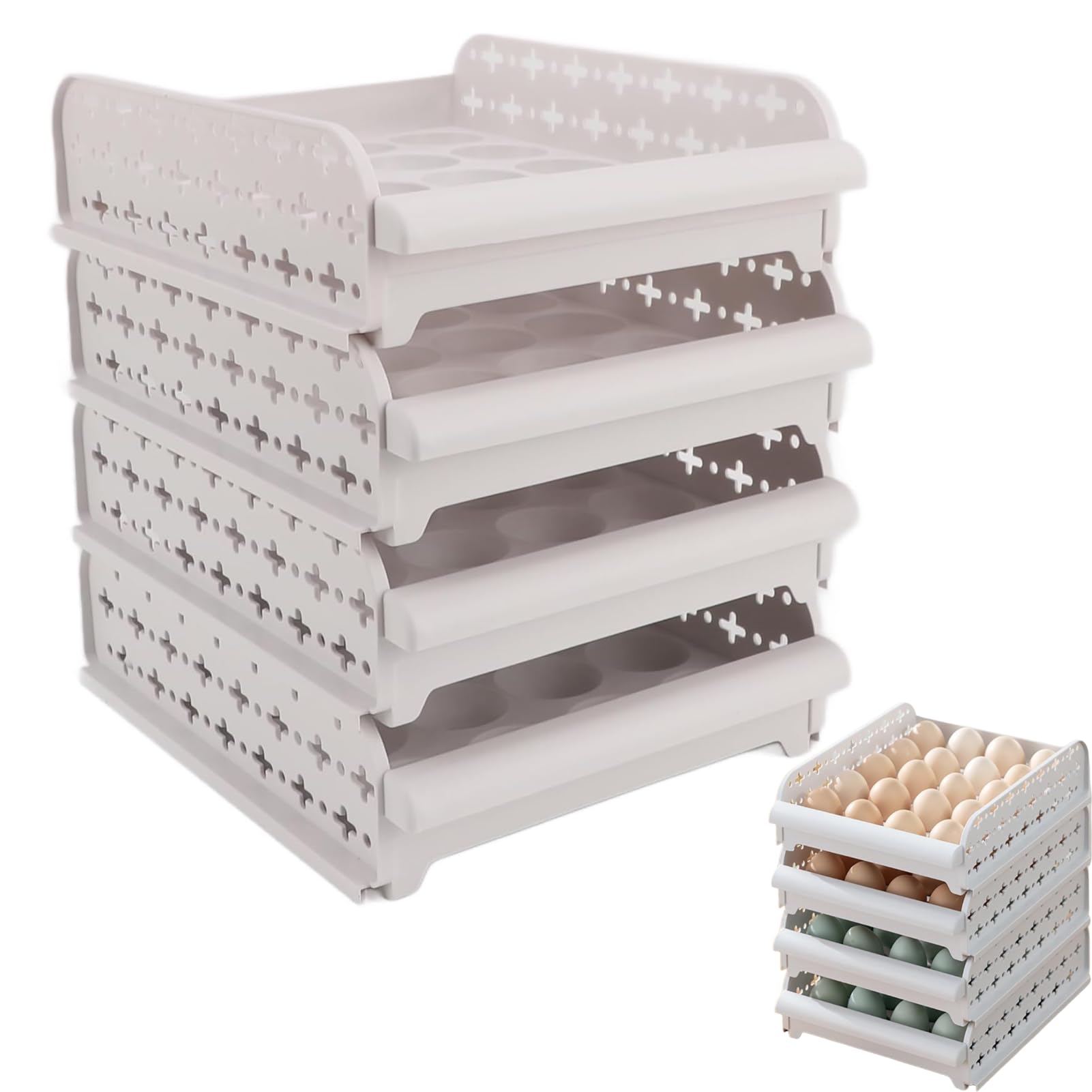 Conteneur à œufs Au Réfrigérateur, 4 Pièces, 80 Grilles, Tiroir De Stockage D'œufs Empilable, 4 Couches Pour la Maison, Pique-nique, Restaurant(beige)