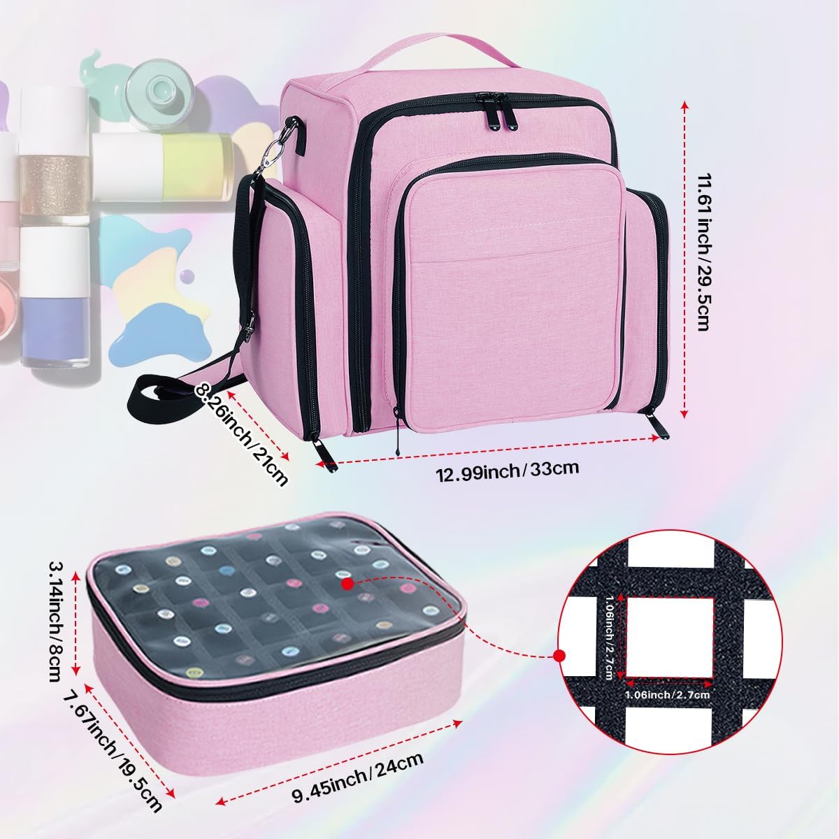 Nail Polish Organizer Holds 60 Bottles and a Nail Lamp,Portable Travel Case with 2 Removable Bags and Tools Storage Pockets Pink