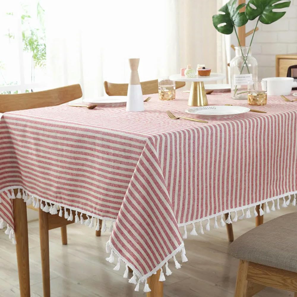 Mantel Cuadrado de Lino y algodón con Estampado de Rayas Mantel de Comedor con borlas Cubierta para Mesa de Banquete de Cocina 60~250cm