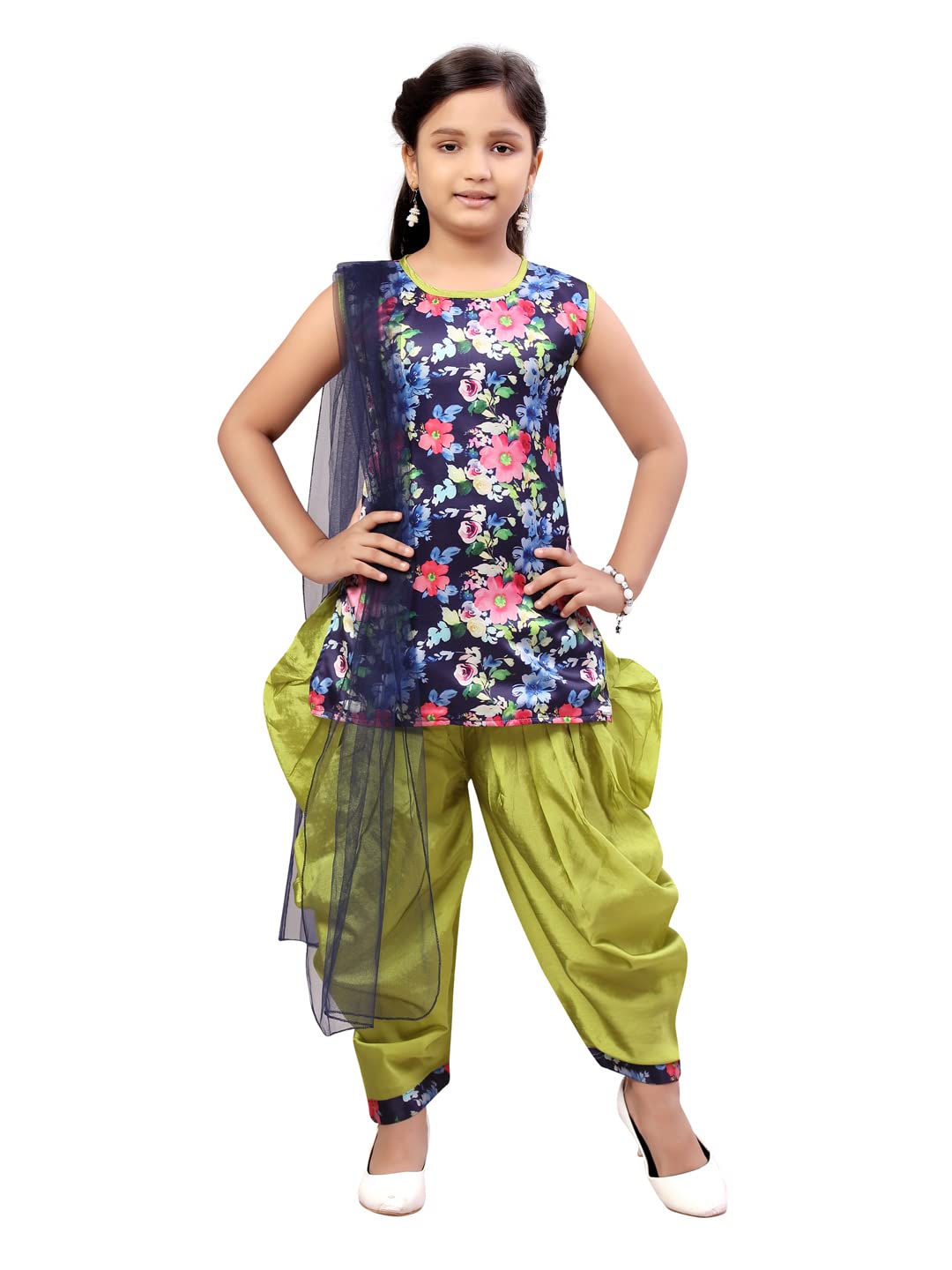 Aarika Girl's Silk Kurti Patiala Set (Pt-22153_Navy Blue-Green_32)