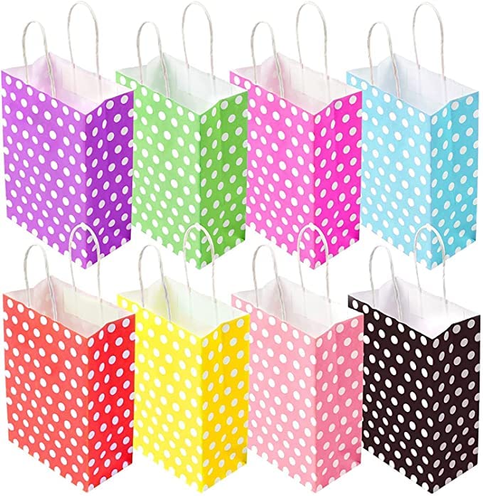 Image of RanGit Bhumi 24 pcs Color Paper Bags with Polka Dots - Party Favor Goodie Candy Gift Kraft Paper Bags with Handles for birthday, wedding, engagement party and other festivals (9 inchx4 inchx11.3 inch, Pink)