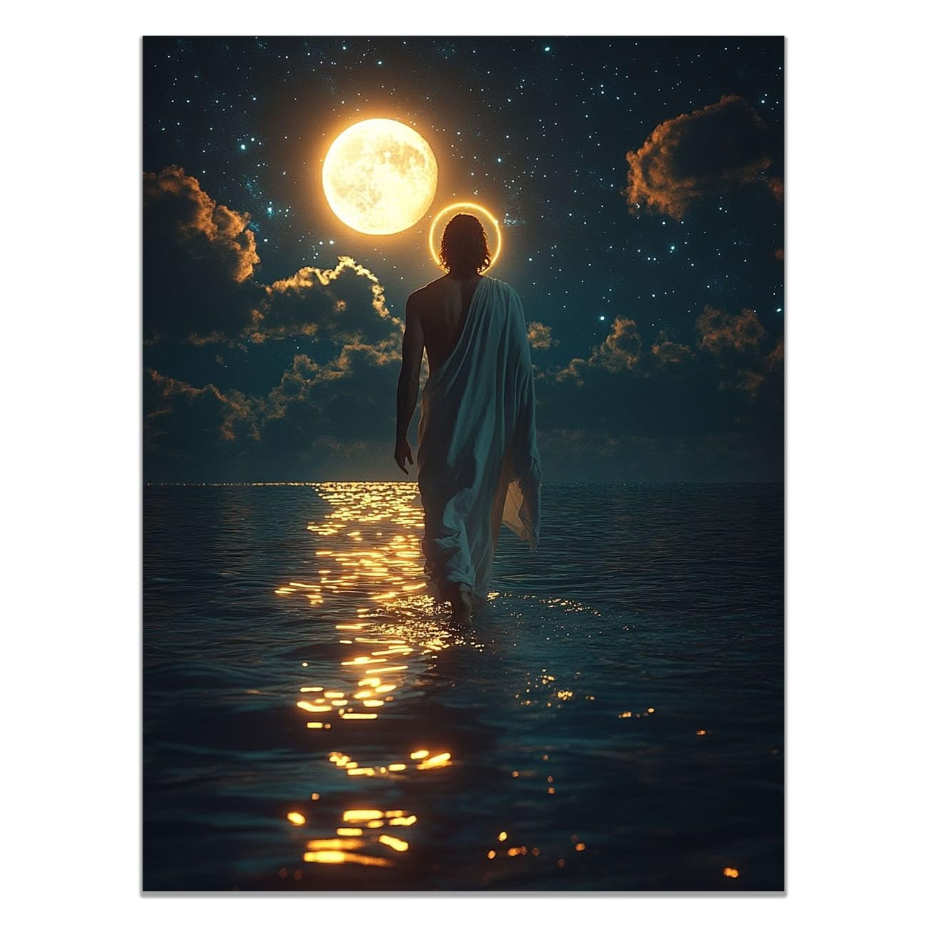 QUSAAOU Jesus Wall Abstract Christ with Animals Decor Vintage Religious Prints Painting Neutral God Poster Artwork Living Room Bedroom Hallway Home Decoration(deep blue)-70x100cm Unframed