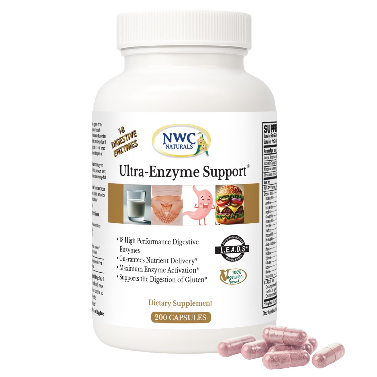 NWC Naturals Ultra-Enzyme Support, Natural Digestive Supplement, Promotes Optimal Health and Digestion, 200 count Capsules