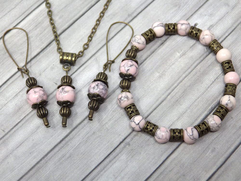 Parure bohemia para mujer en bronce antiguo con collar, pulsera y pendientes a juego