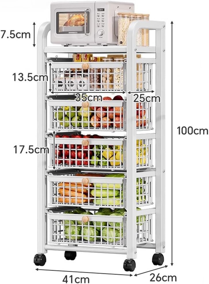 Amazon｜金属ワイヤーバスケット キャスター付き 4段 積み重ね可能 フルーツ 野菜 バスケット ラック 収納箱 棚 キッチン パントリー 、市場、ガレージ用｜フルーツバスケット オンライン通販