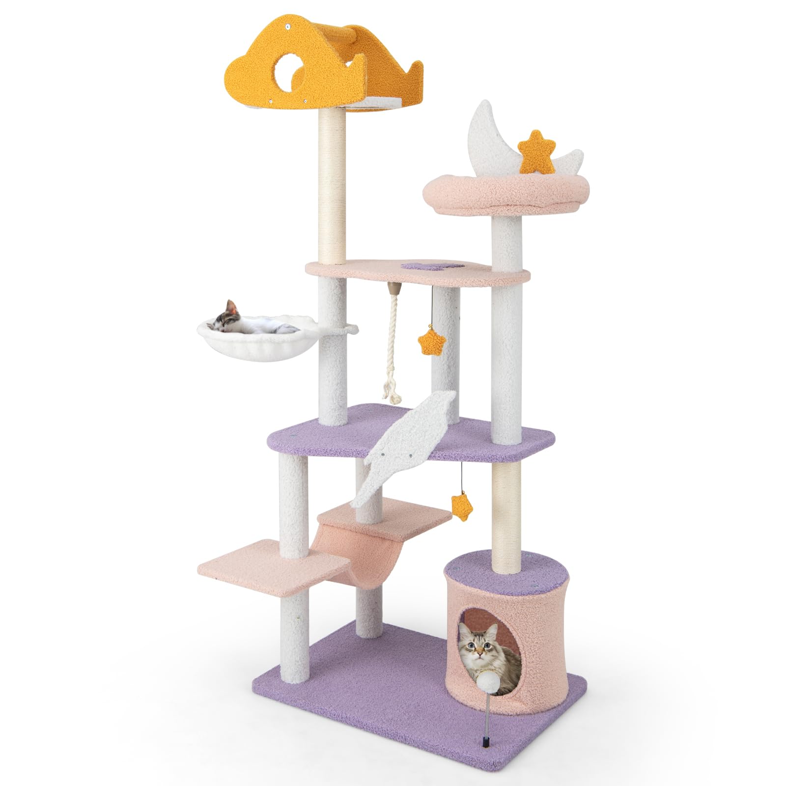 Maxmass Multi-level Cat Tree, Wooden Kitten Tower with Padded Perch, Hammock, Condo, Sisal Scratching Posts & Dangling Toys, Indoor Cats Climbing Frame for Bedroom Living Room Pet Store (167cm Tall)