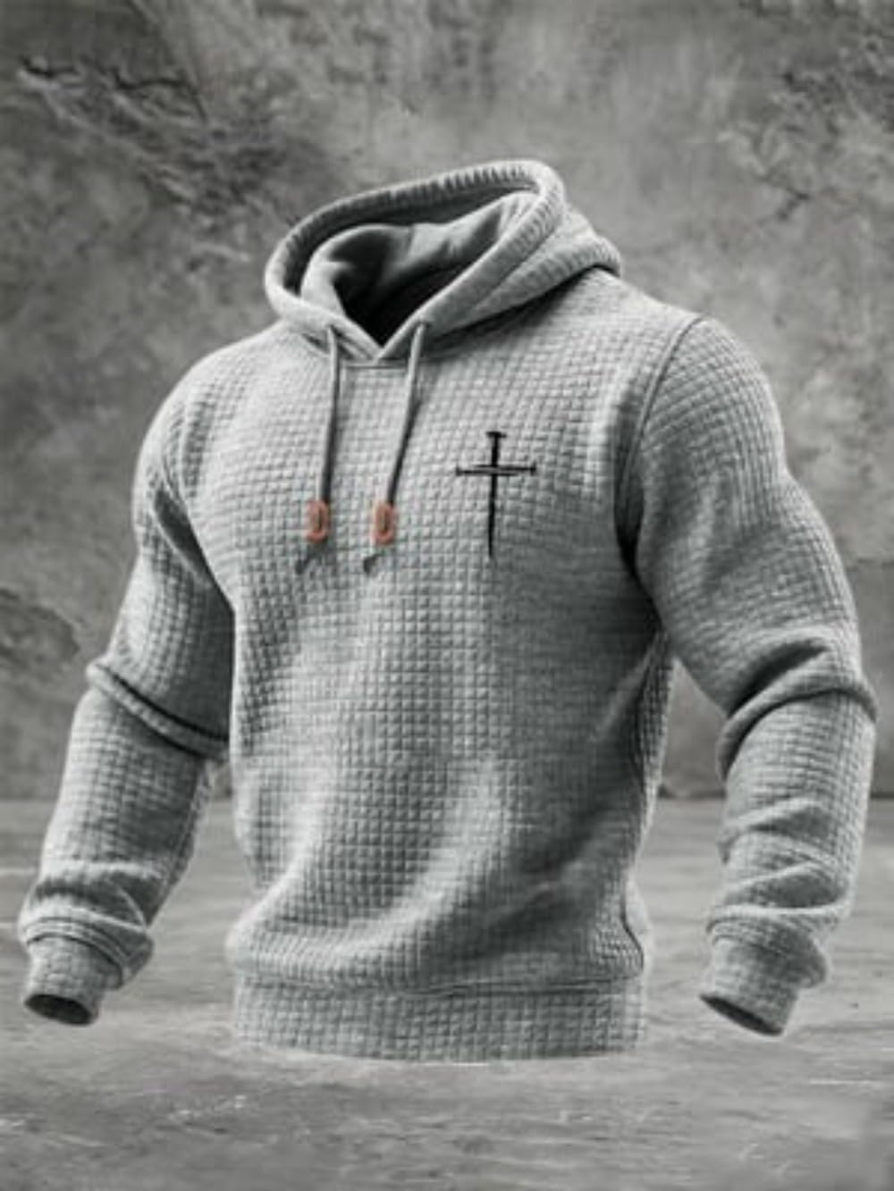 Men's Retro Casual Faith Cross Art Print Crew Neck Waffle Sweatshirt Hoodie - Image 2